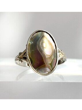 Abalone Stone Oval Cut Minimalist Sterling Silver 925 Vintage Ring - sz 7.75